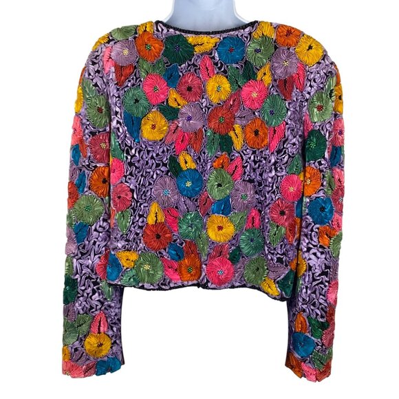 Vtg Precious Moments Floral Silk Jacket | M/L | Applique Beaded | Art to Wear - Picture 3 of 13